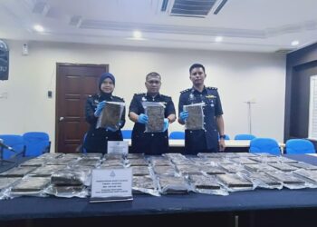 ZAIDY Che Hassan (tengah) menunjukkan ketulan mampat dipercayai dadah jenis ganja yang
dirampas daripada pasangan suami isteri pada sidang akhbar di IPD Kuala Muda di Sungai Petani.