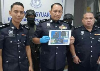 AHMAD Zamry Marinsah menunjukkan kejayaan pihak polis hasil operasi khas di ladang kelapa sawit di Jalan Minning, Chaah, Segamat