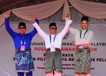 PILIHAN Raya Kecil (PRK) DUN Pelangai menyaksikan saingan tiga penjuru antara Amizar Abu Adam (kiri), Kasim Samat (tengah) dan Haslihelmy DM Zulhasli (kanan). - UTUSAN/SHAIKH AHMAD RAZIF