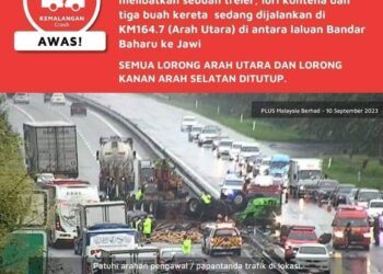 CIAPAN yang dibuat di laman Twitter@plustrafik berhubung situasi terkini kemalangan jalan raya yang melibatkan enam kenderaan termasuk dua treler di Pulau Pinang, awal pagi tadi.