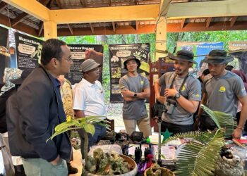 PENGASAS Perlis Nature & Wildlife (PNW), Syamil Abd Rahman (dua dari kanan) bersama ahli gabungan NGO yang lain memberi penerangan berkaitan pameran Perlis Geopark kepada panel penilaian Aspiring Perlis Geopark bagi penarafan kebangsaan pada pameran Perlis Geopark ‘Unik & Langka’ di Rimba Herba,Bukit Ayer, Perlis, hari ini.- UTUSAN/ MOHD HAFIZ ABD MUTALIB