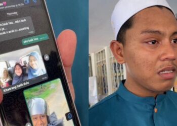 ABDURRAHMAN AMIR RUDDIN (kanan) menunjukkan mesej terakhir yang dihantar oleh adiknya menerusi aplikasi WhatsApp.
