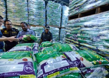 S. Veerapan melakukan pemeriksaan di stor simpanan beras sebuah syarikat pembekal beras di Kuala Sawah, Rantau, Seremban hari ini.-UTUSAN/MOHD. SHAHJEHAN MAAMIN.