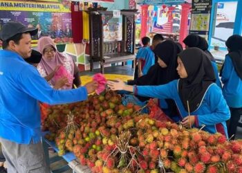 SEBAHAGIAN murid sedang mendapatkan rambutan sempena pesta buah-buahan di Sekolah Kebangsaan Lubok Kulit, Lipis, hari ini. - UTUSAN/HARIS FADILAH AHMAD
