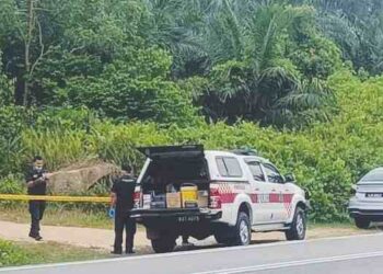 LOKASI penemuan mayat seorang lelaki di Hutan Percha, Alor Gajah, Melaka. Gambar kecil, R. Darvnrajh.