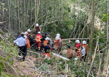 ANGGOTA bomba ketika mengeluarkan mangsa yang maut di dalam sebuah kereta yang terbakar selepas terlibat nahas dengan sebuah lori mengakibatkan kedua-dua kenderaan itu jatuh ke lereng bukit berketinggian enam meter dalam kejadian di Bukit Tangga berhampiran Taman Eko-Rimba Jeram Toi, dekat Jelebu pagi tadi.-GAMBAR/IHSAN BOMBA