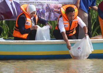 FAHMI Zainol dan Zarina Zainuddin melepaskan anak benih ikan di sungai Kampung Jambatan Merdeka, Butterworth, Pulau Pinang hari ini.