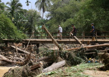 KAYU pokok yang hanyut sehingga memusnahkan beberapa infrastruktur seperti titi konkrit di sepanjang Sungai Kupang ketika banjir baru-baru ini di Kampung Iboi, Baling. -UTUSAN/SHAHIR NOORDIN
