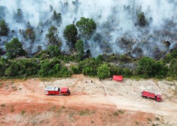 ANGGOTA bomba bertungkus lumus memadamkan kebakaran belukar di jalan pintas Sebana Cove-Punggai, Pengerang, Kota Tinggi.