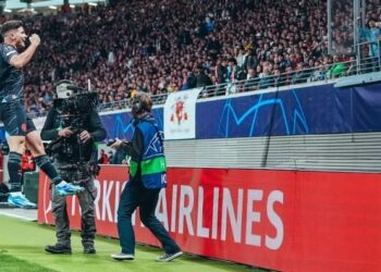 JULIAN Alcarez meraikan jaringannya ketika membantu Manchester City menentang RB Leipzig dalam saingan Liga Juara-Juara. - IHSAN MANCHESTER CITY