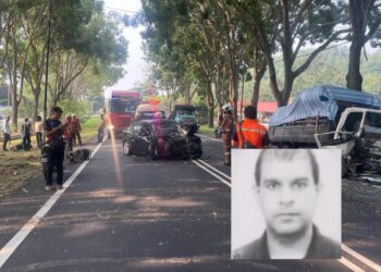 KEADAAN lori dan kereta mangsa selepas bertembung di Jalan Krubong, Cheng, Melaka. Sandeep Singh Panthlia (Gambar kecil).
