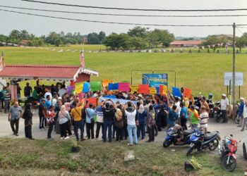 PARA Pesawah mengangkat plakard sebagai menandakan protes kekecewaan harga padi yang rendah di Alor Setar, Kedah, semalam.
