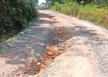 KEADAAN jalan berlopak di Kampung Semena berdekatan Kampung Bantal Seberang di Jerantut, 
Pahang. – UTUSAN/HARIS FADILAH AHMAD