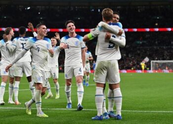 PEMAIN England meraikan kejayaan menumpaskan Itali di Stadium Wembley, London untuk layak ke Euro 2024.