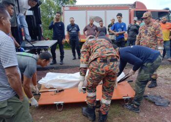 ANGGOTA pasukan penyelamat memeriksa mayat Saari Ghani selepas dibawa turun dari pokok dokong di Kampung Dusun Beliku, Besut, semalam.   