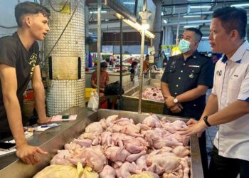 GEORGIE Abas (kanan) melakukan pemeriksaan bekalan ayam di Pasar Besar Kota Kinabalu