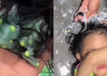 TANGKAP layar daripada perkongsian di TikTok mengenai slime melekat pada rambut kanak-kanak perempuan.