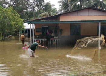 PENDUDUK menjala ikan di halaman rumahnya yang dilanda banjir di Batu 9 Changkat Jong di Teluk Intan. – UTUSAN/AIN SAFRE BIDIN