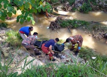 ANGGOTA bomba membantu mengambil mayat yang ditemukan di anak sungai  berhampiran loji kumbahan Kampung Felda Sendayan, Seremban dengan menggunakan tangga jentera dan 'basket stretcher' dan seterusnya menyerahkan mayat tersebut kepada pihak polis.