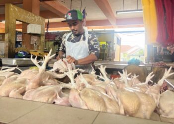MOHD. Anuar Mohd. Rashid memotong ayam yang ditempah pelanggan di Pasar Bukit Besar, Kuala Terengganu, semalam. – UTUSAN/TENGKU DANISH BAHRI TENGKU YUSOFF