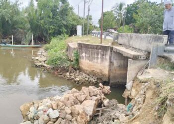 ZAKARIA Abu Bakar melihat hakisan tebing di bawah jambatan Kampung Baru Nelayan, Tumpat, Kelantan. – UTUSAN/ROHANA ISMAIL