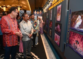 SULTAN Mizan Zainal Abidin (dua kiri) berkenan tertarik melihat gambar-gambar yang dipamerkan pada Majlis Penyampaian Hadiah Sultan Mizan Underwater Photograhpy Awards 2023 di Istana Syarqiyyah, Chendering, Kuala Terengganu, semalam. - UTUSAN/PUQTRA HAIRRY ROSLI