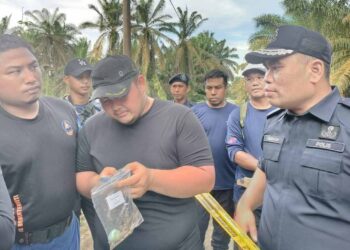 ASISTEN Komisioner Bahrin Mohd Noh (kanan) menenangkan Mohamad Shahfullah (dua dari kanan) selepas penemuan mayat ayahnya Ab Manan Keri di dalam kebun kelapa sawit di Kampung Palembang di Kluang.