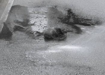 TAYAR monorel yang terbakar sebelum terjatuh di Jalan Tun Razak petang tadi.