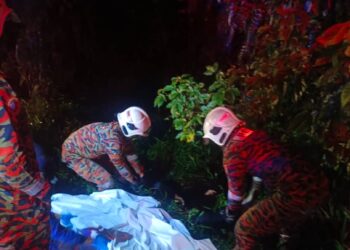 ANGGOTA penyelamat mengeluarkan mangsa yang terlibat kemalangan maut meragut dua nyawa di Jalan Sungai Miang, Pekan, Pahang- IHSAN BOMBA