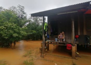 RAZALI Mat Rani melihat keadaan paras air di pekarangan rumahnya yang dilanda banjir 
di Kampung Peneh, Hulu Terengganu, hari ini. - UTUSAN/NOOR HAYATI MAMAT