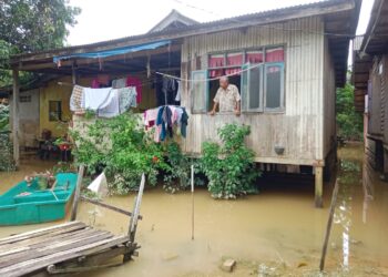 SEORANG penduduk melihat keadaan paras air banjir yang semakin surut di pekarangan rumahnya di Kampung Pulau Rusa Hilir, Kuala Terengganu. - UTUSAN/PUQTRA HAIRRY ROSLI