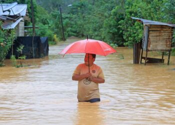 seorang penduduk meninjau keadaan paras air yang semakin dalam di Kampung Bedal, Kuala Krai, Kelantan, semalam. – Utusan/kamarul bismi kamaruzzaman