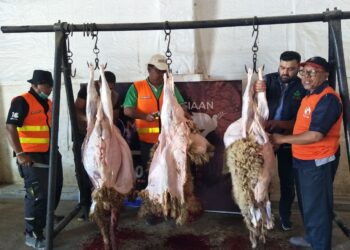 MOHD. Zin (kanan) dan Pengurus Besar Econsave, Mas Imran Adam (tengah) melapah daging dalam program aqiqah di kem pelarian di Azaz, utara Syria menerusi program misi kemanusiaan pada Julai 2022.