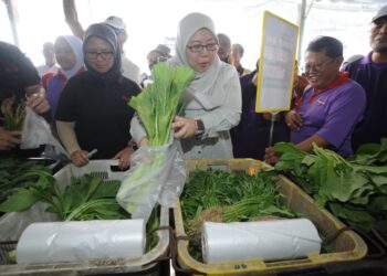 FUZIAH Salleh (tengah) melawat jualan Rahmah sempena Karnival Rahmah Kasih Sayang Bangsa Johor di perkarangan Stadium Pasir Gudang di sini, hari ini. -UTUSAN/RAJA JAAFAR ALI
