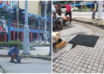 GAMBAR kiri menunjukkan seorang lelaki yang menutup lubang yang terdapat di susur jalan persimpangan Sungai Ujung-Bukit Kaya, Seremban yang tular di media sosial manakala gambar kanan pihak MBS telah menurap lubang di jalan berkenaan.