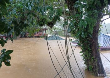 KEADAAN air Sungai Tembeling yang menenggelamkan kawasan dataran perniagaan di Kampung Bantal, Ulu Tembeling , Jerantut, Pahang - UTUSAN/HARIS FADILAH AHMAD