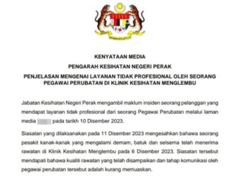 KENYATAAN Jabatan Kesihatan Perak mengenai pegawai perubatan yang terlibat dengan dakwaan tular kerana dikatakan gagal memberikan layanan profesional ketika merawat pesakit kanak-kanak di sebuah Klinik Kesihatan (KK). - UTUSAN