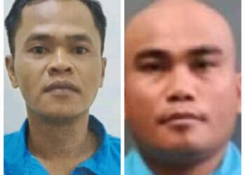 DUA lelaki Indonesia, Riki Rinaldi (kiri) dan Samirudin kini diburu selepas berjaya melarikan diri semasa dibawa ke Penjara Ledang.