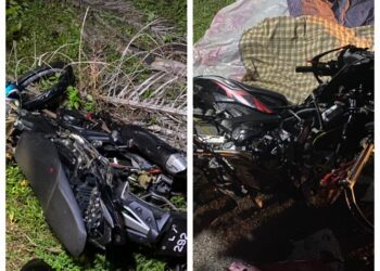 KEADAAN motosikal kedua-dua yang terlibat dalam kemalangan di Jalan Felda Air Tawar 4, Kota Tinggi.