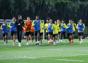 SKUAD Harimau Malaya menjalani latihan menjelang aksi persahabatn menentang Syria malam ini sebagai persiapan sebelum bermula saingan Piala Asia 2023.-Ihsan FAM