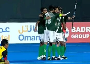PEMAIN Pakistan meraikan kejayaan mengikat Malaysia 3-3 untuk mara ke separuh akhir Kelayakan Sukan Olimpik Paris 2024 dalam aksi di Muscat, Oman, hari ini.