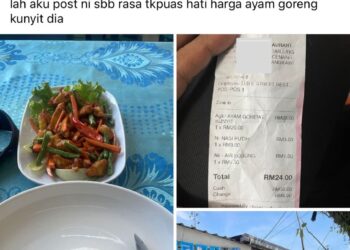 TANGKAP layar seorang pelanggan berkaitan menu ayam goreng kunyit berharga RM20 sepinggan yang dipesannya di sebuah kedai makan di Pantai Chenang, Langkawi.