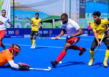 AKSI Pemain hoki negara ketika menentang Trinidad & Tobago pada suku akhir Piala Dunia Hoki 5 Sebelah, sebentar tadi.-IHSAN FIH