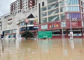 LALUAN di sekitar bandar Kota Tinggi yang lumpuh kerana dinaiki air dan hanya boleh diakses menggunakan bot.