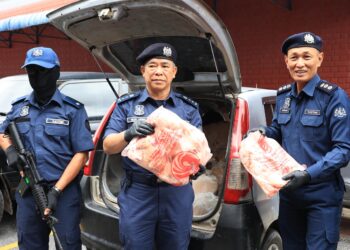 WAN Jamal Abdul Salam Wan Long (tengah) menunjukan ayam sejuk beku dari negara jiran yang dirampas semasa sidang media di Cawangan Penguatkuasaan JKDM Kelantan, Kota Bharu, Kelantan hari ini-UTUSAN/KAMARUL BISMI KAMARUZAMAN