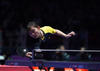 Aksi pemain ping pong wanita negara, Alice Chang li Sian di Kejohanan Berpasukan Dunia Busan 2024. (FOTO: Ihsan Persekutuan Ping Pong Dunia)