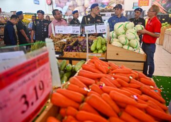 SAHARUDDIN Mohd. Kia (tiga dari kanan) meninjau harga barangan kawalan selepas merasmikan Majlis Pelancaran SHMMP Tahun Baharu Cina 2024 di sebuah pasaraya di Wakaf Tapai, Marang, hari ini. - UTUSAN/PUQTRA HAIRRY ROSLI