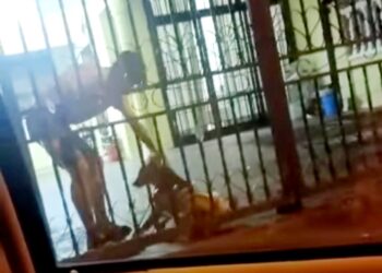 TANGKAP layar rakaman video tular yang memaparkan seorang lelaki merotan anjing peliharaannya di sebuah rumah di Taman Johor Jaya, Johor Bahru.