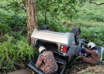 ANGGOTA bomba mengeluarkan mayat Samsuri Noh yang meninggal dunia selepas kereta Proton Iswara dipandunya terbabas ke dalam gaung di Kilometer 65, Jalan Yong Peng-Kluang.