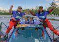MUHAMMAD Syakirin Razaki (kiri) bersama Amir Izham meraikan kejayaan menduduki tempat pertama bagi kategori P10 Rally Sprint X-One di Serdang, Selangor, kelmarin.